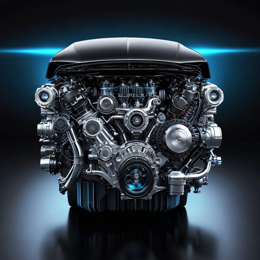 A sleek and powerful V12 engine prominently displayed in the foreground, integrated with futuristic technology elements like holographic blueprints and digital interfaces. The background features a montage of iconic American cars, showcasing their elegant designs. Use a dark metallic color palette with vibrant accents to highlight the engine's features. super-realistic. vibrant colors. high contrast.