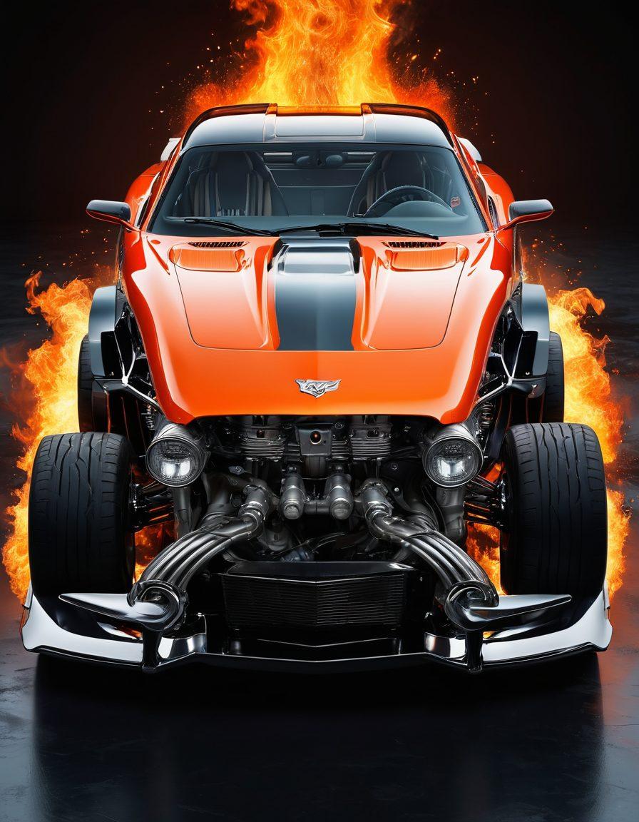 A dynamic scene featuring a roaring V12 engine in a sleek American performance car, exuding power and speed. Surround it with vibrant flames and abstract motion lines to convey energy. Include silhouettes of iconic American muscle cars in the background, showcasing the evolution of performance. The color palette should be bold and aggressive, highlighting metal textures and engine components. super-realistic. vibrant colors. dynamic composition.