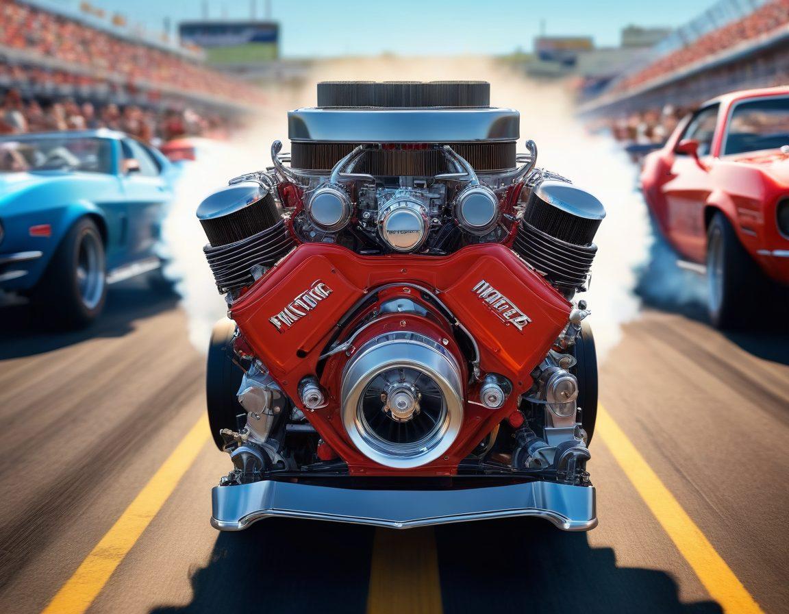 A roaring V12 engine in action, surrounded by iconic American muscle cars on a racetrack. The background features cheering crowds and a blurred finish line, capturing the adrenaline of performance racing. Include vibrant colors to highlight the cars' sleek designs and the dynamic motion of the scene. super-realistic. vibrant colors. racing theme.